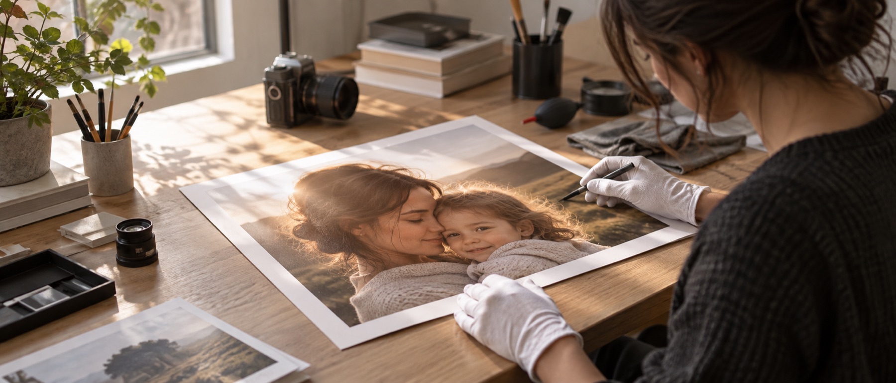 A warm portrait print receiving careful finishing touches at a sunlit desk.